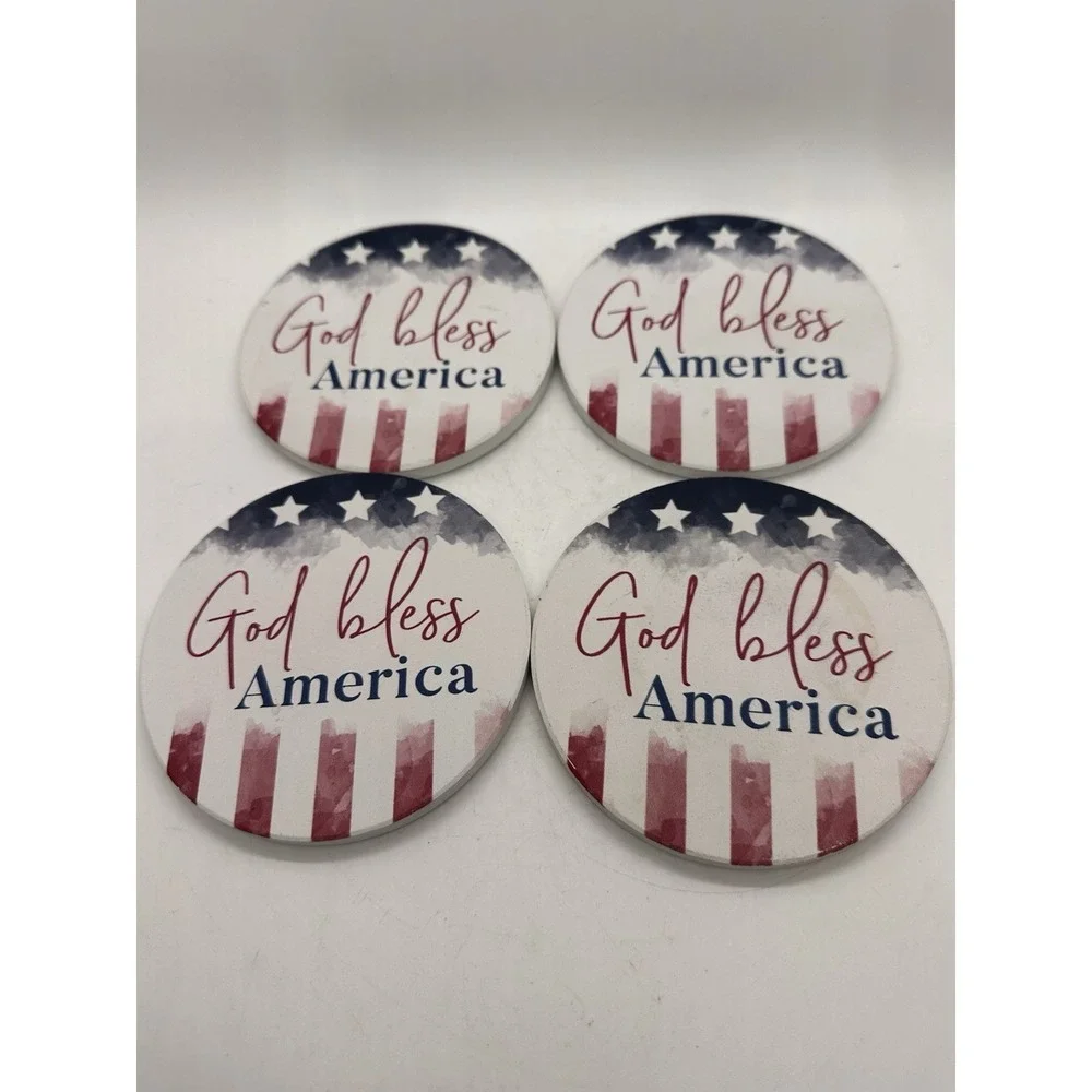 God Bless America Coasters Set of 4 Cork‎ Backed Patriotic Made in USA